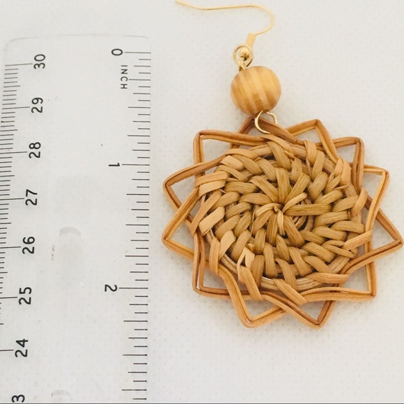 Wicker Rattan Wood Bead Geometric Drop Earrings - Picture 6 of 7